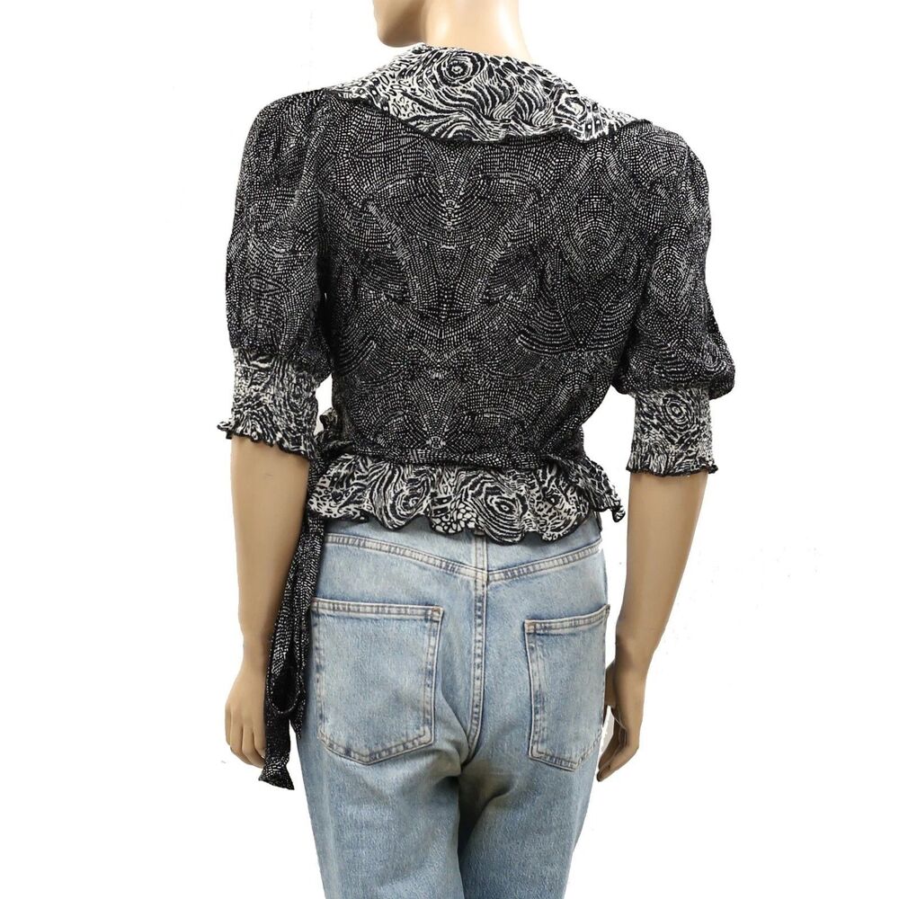 Free People Nully Olivia Wrap Top Blouse Short-Sleeves Black Printed S 287036 - Picture 7 of 9
